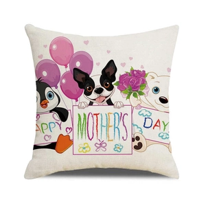 Detail of linen pillowcase with cute cartoon animals and Happy Mother's Day text