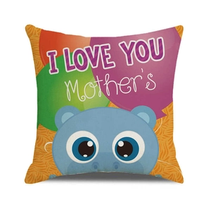 Detail of square linen pillowcase with blue hippo and I Love You Mother's text print