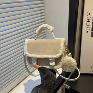 Chic beige frosted crossbody bag with plush lamb wool trim and matching round coin purse
