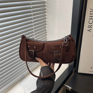 Retro Wildleder Achseltasche Für Damen Vintage Baguette Tasche Mit Doppelten Fronttaschen Metallschnallen Trendy Coole Moto Tasche