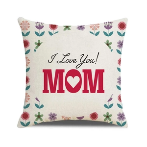 Close-up of linen pillowcase with I Love You MOM text and colorful floral patterns