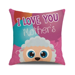 Close-up of linen pillowcase with cute sheep and I Love You Mother's Day print