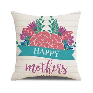 Dettaglio federa in lino con strisce rosa e stampa floreale Happy Mother's Day