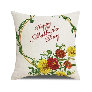 Dettaglio della federa in lino Happy Mother's Day con motivo floreale rosso e trama tessuto