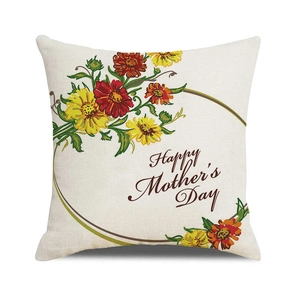 Dettaglio della federa in lino con stampa floreale e scritta Happy Mother's Day