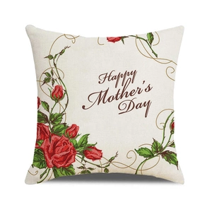 Dettaglio della federa in lino Happy Mother's Day con stampa floreale di rose rosse