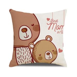 Linen cushion cover with Mother's Day bear design and 'Best Mom' text on white background
