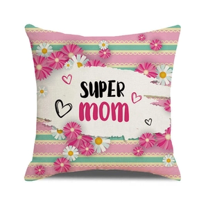 Linen Happy Mother's Day throw pillow cover with floral patterns and Super Mom print