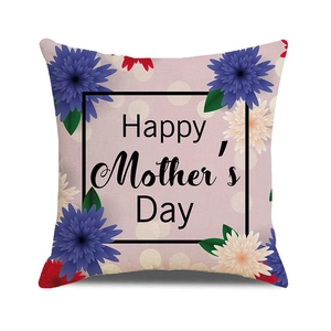 Detail showing linen fabric texture and colorful floral prints on Happy Mother's Day pillow cover