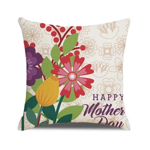 Close-up of Mother's Day linen pillowcase with colorful floral pattern and happy text