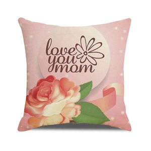 Close-up of linen pillowcase with pink roses and Love You Mom text for Mother's Day gift