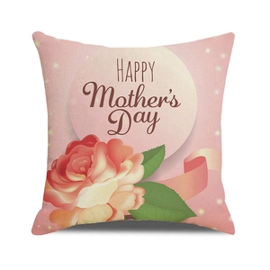 Detail of linen cushion cover featuring pink roses and Happy Mother's Day text design