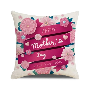 Linen Mother's Day pillow case featuring pink flowers and Love You MOM text