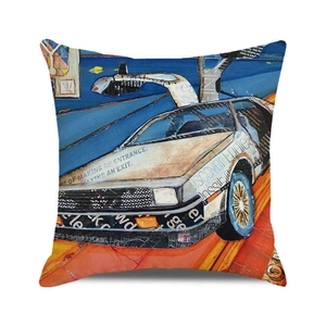 Artistic collage style cushion cover featuring a vintage sports car and modern typography