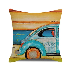Detail of vintage car oil painting print on linen pillowcase with beach sunset scenery