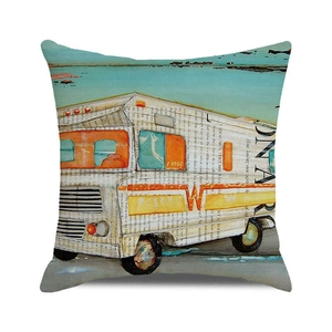 Detailed view of square linen cushion cover featuring a vintage camper van art print
