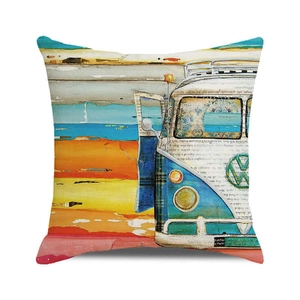 Detailed texture of cotton linen cushion cover with vintage watercolor car art print