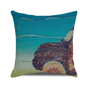 Detailed close-up of textured linen pillow cover with vintage car digital print design