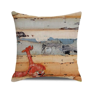 Detailed front view of a square pillowcase with vintage red scooter on wood texture