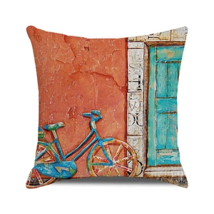 Detailed texture of linen cushion cover featuring artistic blue bicycle oil painting