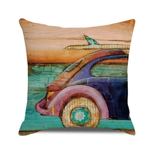 Detail of vintage beach car watercolor print on cotton linen square cushion cover