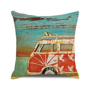 Detailed texture of cotton linen cushion cover with vintage camper van and surfboard print
