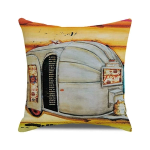 Detailed texture of square cushion cover featuring vintage camper art and summer text