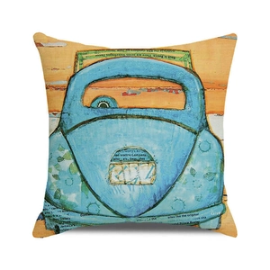 Detailed view of square pillow case with vintage blue Volkswagen car art print