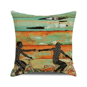 Macro shot of abstract oil painting texture and cyclist silhouette on linen cushion cover