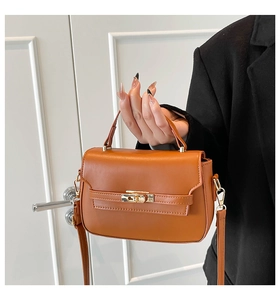 Detail view of brown vintage handbag with gold clasp and adjustable shoulder strap