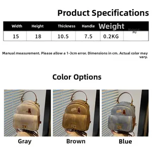 Detailed size specifications for cat-themed PU leather mini backpacks in three colors