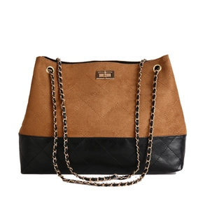 Quilted tote bag in brown suede and black leather with gold chain strap