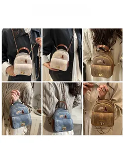 Mini backpack and crossbody bag with cat illustration and elegant metal chain strap detail