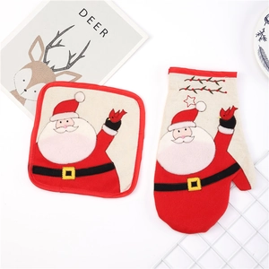 Christmas oven mitt and pot holder set with Santa Claus embroidery for festive kitchen decor