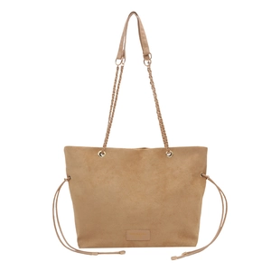 Minimalist large khaki suede tote bag with chain shoulder strap and drawstring details