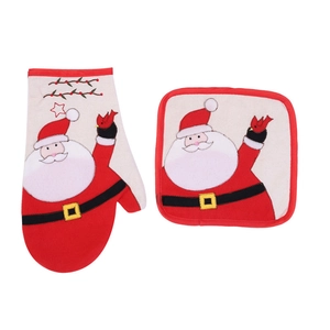 Christmas oven mitt and pot holder set with Santa Claus and red bird embroidery