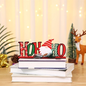 Festive Christmas wooden HO HO HO tabletop ornament with gnome and pine cone decor