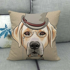 Linen decorative throw pillow cover featuring a dapper labrador dog in a hat on a grey sofa