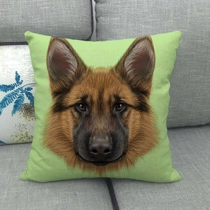 Linen cushion cover featuring a realistic German Shepherd portrait on a green background