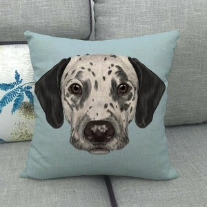 Macro detail of linen texture and realistic Dalmatian dog portrait on blue pillow cover