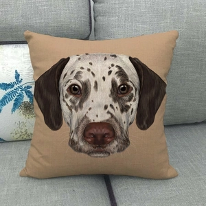 Detailed close-up of linen fabric texture with a realistic dalmatian dog portrait print