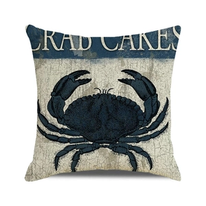 Watercolor crab illustration on linen cushion cover with Crab Cakes vintage text