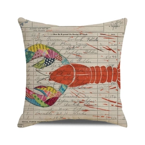 Detail of lobster watercolor pattern on vintage document print linen pillow cover