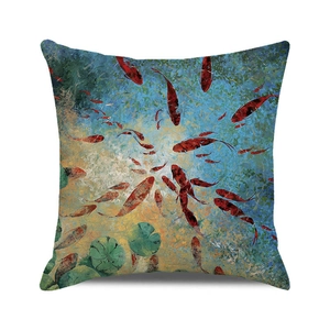 Detail view of artistic watercolor koi fish and green lily pads on a square cushion cover