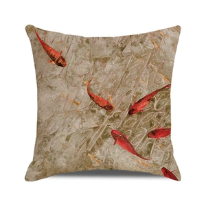 Close-up of square pillowcase with watercolor red koi fish pattern on linen fabric