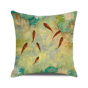 Detailed texture of linen cushion cover featuring oil painted koi fish and lotus