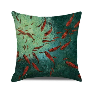 Macro detail of high-quality watercolor koi fish pattern on durable linen cushion cover