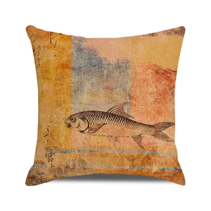 Detailed close-up of watercolor fish artwork on cotton linen square cushion cover