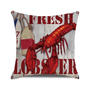 Nautical style square cushion cover with red lobster print and vintage wood pattern