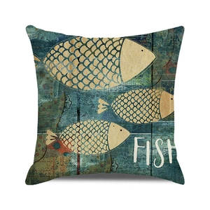 Detailed texture of linen throw pillow cover featuring vintage blue fish art and FISH text